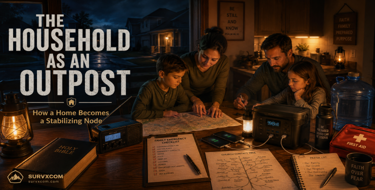 SURVXCOM featured image for The Household as an Outpost showing a warm cinematic home preparedness scene with Bible, radio, map, lanterns, water, power station, checklist, and porch light during a neighborhood outage.