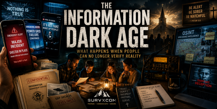 SURVXCOM featured image for The Information Dark Age: What Happens When People Can No Longer Verify Reality showing glowing phones with conflicting alerts, official files, a UAP archive, a church silhouette, a radio desk, an OSINT map wall, and a family verifying notes.