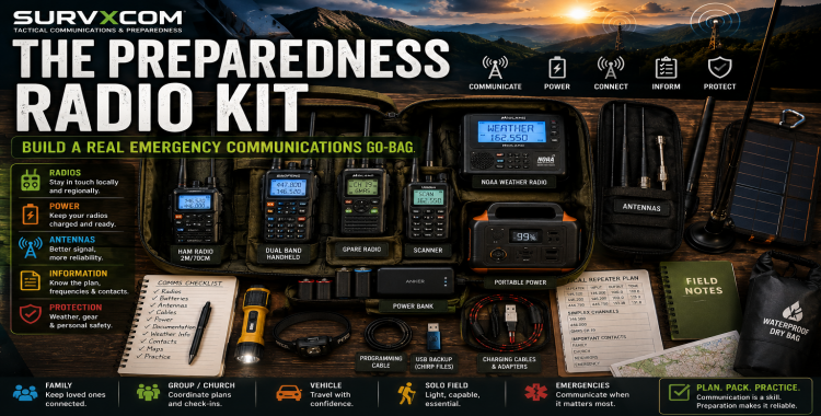 Preparedness radio kit featured image showing emergency communications go-bag with radios, batteries, notebook, and accessories