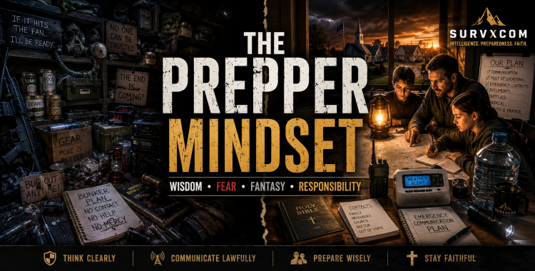 SURVXCOM featured image for The Prepper Mindset: Wisdom, Fear, Fantasy, and Responsibility showing a cinematic preparedness split-screen between fear-based gear hoarding and calm responsible readiness.