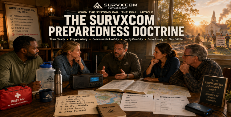SURVXCOM featured image for The SURVXCOM Preparedness Doctrine showing adults gathered around a table after a crisis with Bible, radio, paper map, water, first aid, contact lists, power bank, church care roster, and a hopeful community rebuilding scene outside.