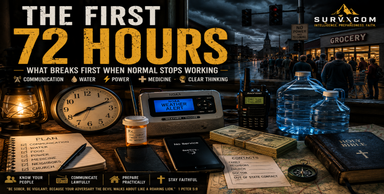 SURVXCOM featured image for The First 72 Hours: What Breaks First When Normal Stops Working showing a cinematic preparedness and systems-failure montage connected to communication failure, power outage, medicine, water, and practical readiness.