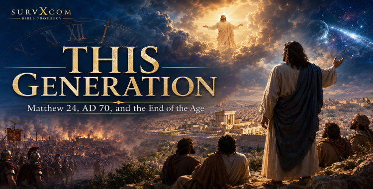 Matthew 24 this generation prophecy graphic with Jesus on the Mount of Olives, Jerusalem temple, Roman armies, clouds, and timeline symbolism.