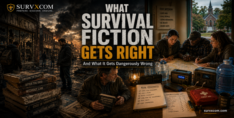 SURVXCOM featured image for What Survival Fiction Gets Right — and What It Gets Dangerously Wrong showing a gritty cinematic split-screen between collapse fiction imagery and real community preparedness, with books, water, radio, maps, first aid, church care, and a distressed town recovering from civil strain.