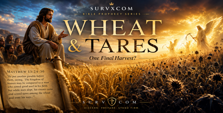 Wheat and tares Matthew 13 prophecy graphic with harvest field, angels, Jesus teaching, and end-of-age symbolism