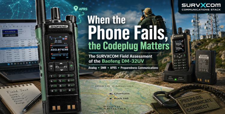 Featured image for a SURVXCOM article about the Baofeng DM-32UV, showing handheld radios, programming software, Carolina map, communications towers, APRS, and preparedness communications themes.