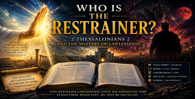 Restrainer in 2 Thessalonians 2 graphic with open Bible, restraining light, man of lawlessness shadow, temple imagery, and apocalyptic storm.