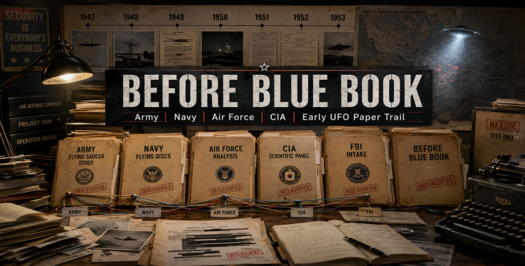 Cold War archive desk with Army, Navy, Air Force, CIA, and FBI UFO folders, old report scans, a 1947 to 1953 timeline, and a vintage air-defense map.