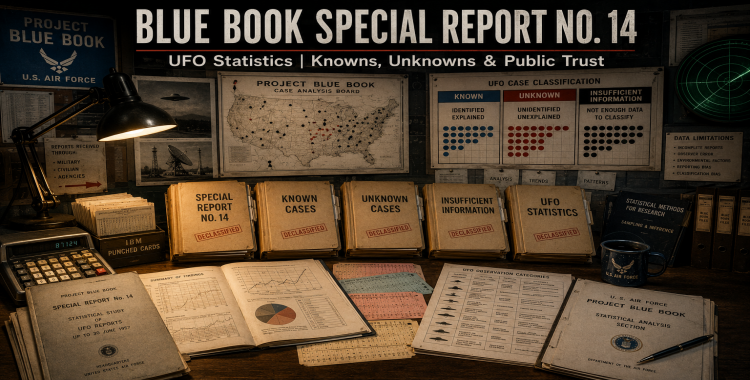1950s Air Force analysis room with Project Blue Book folders, UFO statistics cards, known and unknown case files, charts, and Special Report No. 14 documents.
