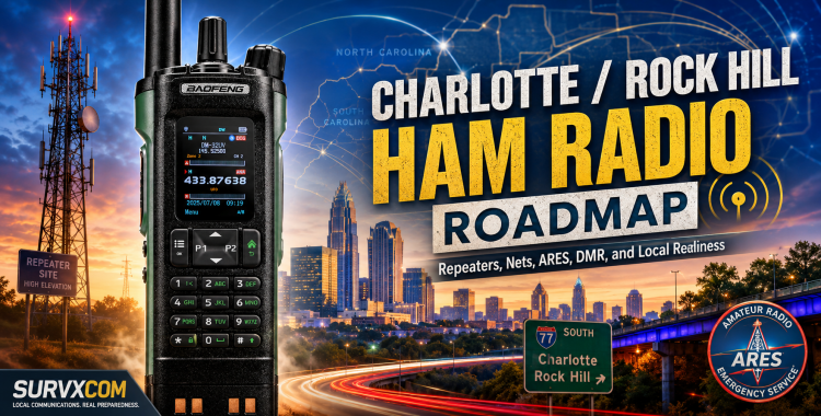 SURVXCOM Charlotte Rock Hill ham radio roadmap graphic showing a handheld radio, local repeater card, Charlotte and Rock Hill map, ARES, SCHEART, NCPRN, nets, and a 30-day operator plan.