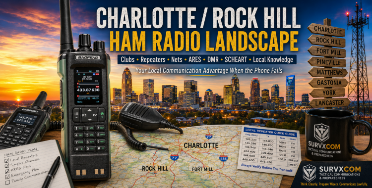 SURVXCOM Charlotte and Rock Hill ham radio landscape graphic showing handheld radios, repeater towers, frequency tables, SCHEART, NCPRN, ARES, and the regional Carolina communications layer.