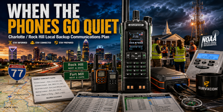 SURVXCOM local Charlotte and Rock Hill backup communications plan graphic with phones, NOAA weather radio, FRS/GMRS radios, ham radio, repeater tower, church volunteers, I-77 map, and Carolina storm clouds.