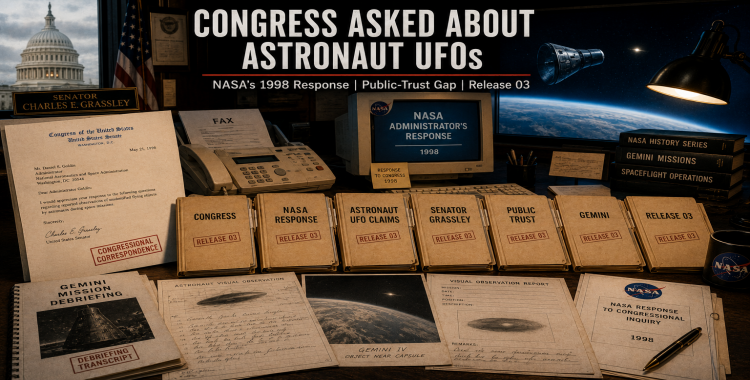 1998-style congressional and NASA correspondence desk with astronaut UFO claim folders, Gemini debriefing pages, NASA response files, and a monitor showing a Gemini capsule in orbit.
