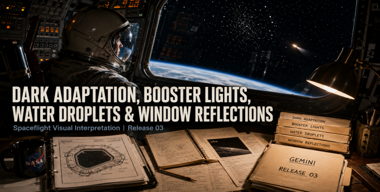 Gemini spacecraft window with reflected instrument lights, tiny bright droplets or ice particles, distant booster-like light, and NASA analysis folders on a mission desk.