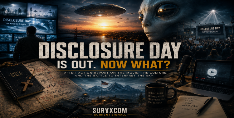 AI-assisted editorial illustration of a theater projection, UAP documents, YouTube reaction panels, an open Bible, and investigative field notes, representing SURVXCOM’s cultural after-action report on Disclosure Day and the battle to interpret the sky.