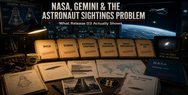 1960s NASA mission-analysis room with Gemini spacecraft diagrams, astronaut sighting notes, mission debriefing folders, orbital maps, and a subtle bright object near Earth orbit.