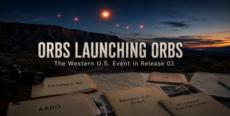 Dusk desert ridgeline with a distant orange orb and smaller red orb-like lights, shown with Release 03 Western U.S. Event research folders and a notional case map.