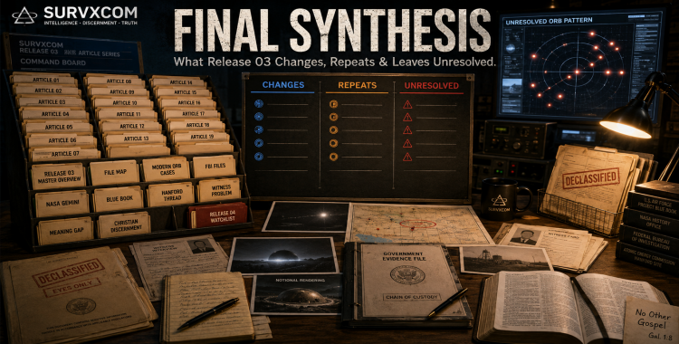 SURVXCOM research desk with Release 03 article folders, a Changes Repeats Unresolved analysis board, UAP maps, witness cards, and a Release 04 watchlist.