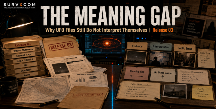 Investigative research desk split between official Release 03 UFO files and interpretation notes, with labels for evidence, public trust, meaning gap, and discernment.