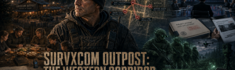 Cinematic montage for SURVXCOM OUTPOST: The Western Corridor showing John, the Idaho compound, Western Corridor map imagery, night-vision patrols, family life, and dark institutional pressure themes.
