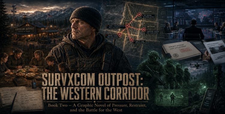 Cinematic montage for SURVXCOM OUTPOST: The Western Corridor showing John, the Idaho compound, Western Corridor map imagery, night-vision patrols, family life, and dark institutional pressure themes.