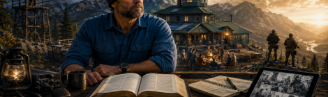 A cinematic Idaho wilderness outpost with a Bible, field notes, radios, and graphic novel pages symbolizing the SURVXCOM Outpost project review.