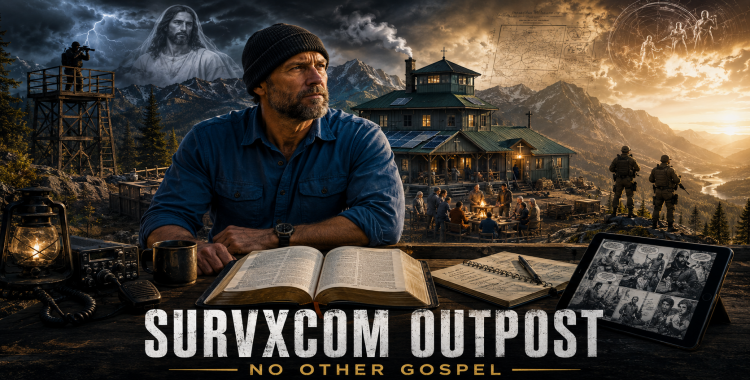 A cinematic Idaho wilderness outpost with a Bible, field notes, radios, and graphic novel pages symbolizing the SURVXCOM Outpost project review.