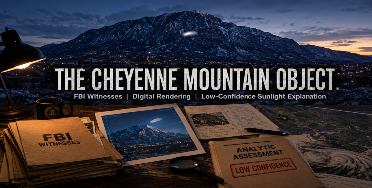 Cheyenne Mountain at winter dusk with a subtle off-white object near the slope, FBI witness folders, a digital rendering, and low-confidence analysis notes.