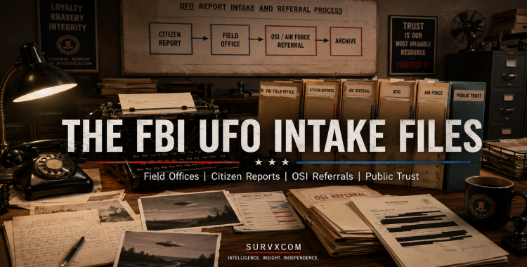 1950s FBI field-office desk with citizen UFO reports, routing slips, OSI and Air Force referral folders, redacted memos, and a public-trust flow diagram.