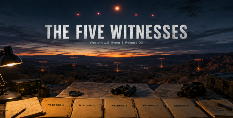 Dusk desert valley with orange and red orb-like lights above a ridgeline, five witness folders, binoculars, night-vision gear, and a notional map.
