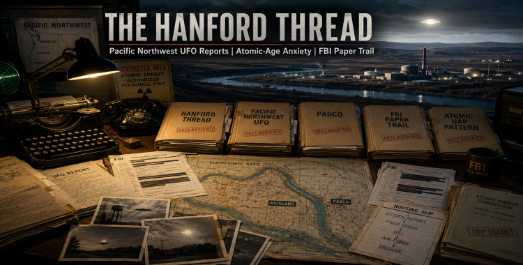 Cold War archive desk with Hanford, Pasco, and Richland map, FBI UFO folders, atomic-age records, routing slips, and a subtle glowing object over a desert-industrial landscape.