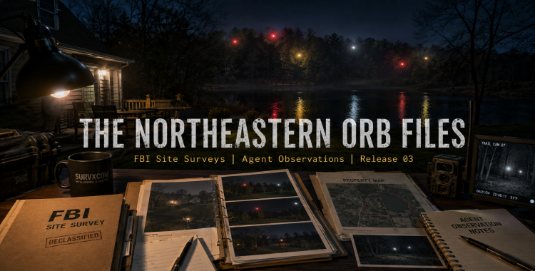 Northeastern residential property at night with orb-like lights near a treeline, FBI site-survey folders, photo logs, trail-camera stills, and agent notes.