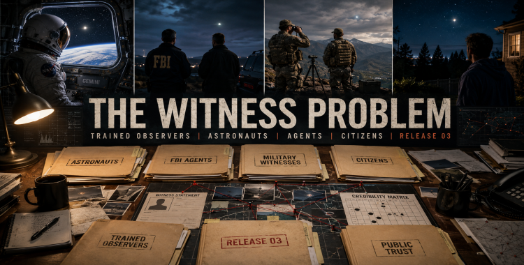 Intelligence-analysis desk with witness lanes for astronauts, FBI agents, military personnel, and citizens, plus UAP witness files and a credibility matrix.