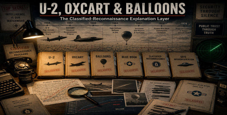 Cold War intelligence room with CIA folders for U-2, OXCART, balloons, Blue Book, flight tracks, reconnaissance silhouettes, and UFO misidentification notes.