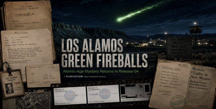 Cinematic Los Alamos green fireballs feature image with a bright green object over New Mexico, atomic-age documents, conference notes, and Release 04 video frames.