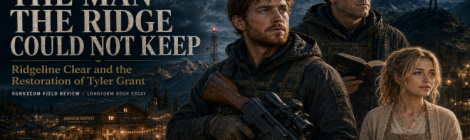 Featured image for SURVXCOM OUTPOST: RIDGELINE CLEAR Graphic Novel Book 3 showing Tyler Grant, John, and Amy Dawson against a moonlit Idaho ridgeline and warmly lit Outpost community.
