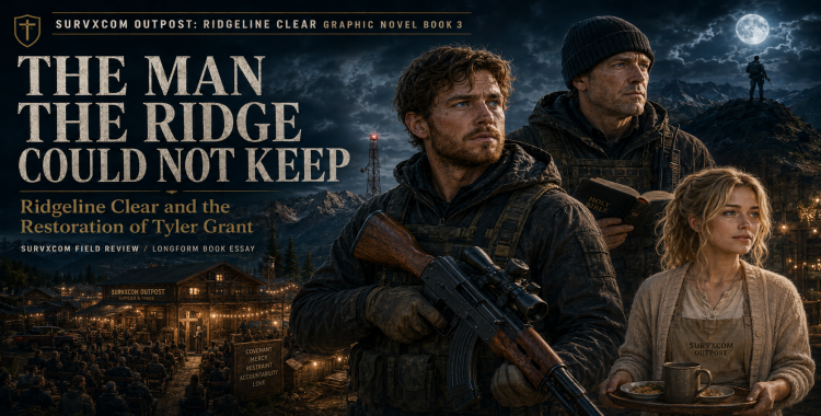 Featured image for SURVXCOM OUTPOST: RIDGELINE CLEAR Graphic Novel Book 3 showing Tyler Grant, John, and Amy Dawson against a moonlit Idaho ridgeline and warmly lit Outpost community.