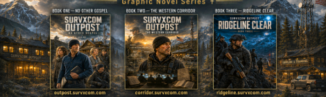 Cinematic SURVXCOM OUTPOST trilogy hub artwork showing the three-book graphic novel series, a prepared Christian community, mountain ridgelines, radio communications, UAP files, and the Outpost story-world.