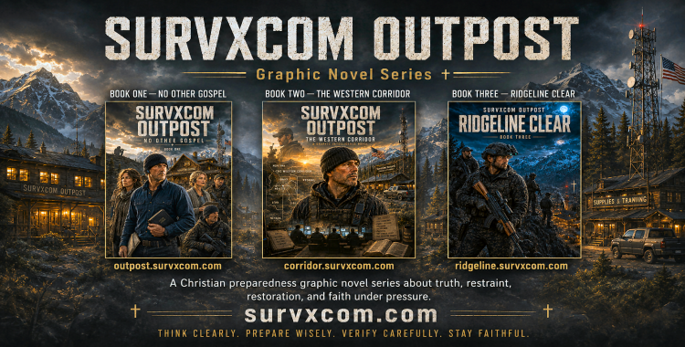 Cinematic SURVXCOM OUTPOST trilogy hub artwork showing the three-book graphic novel series, a prepared Christian community, mountain ridgelines, radio communications, UAP files, and the Outpost story-world.