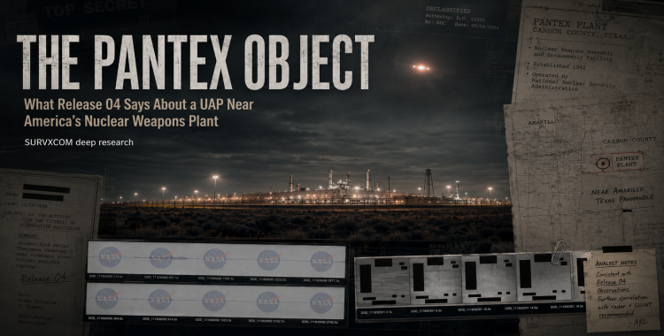 Cinematic Pantex Object feature image showing a nuclear facility at night, declassified Release 04 documents, radar-style frames, and a Texas Panhandle map.
