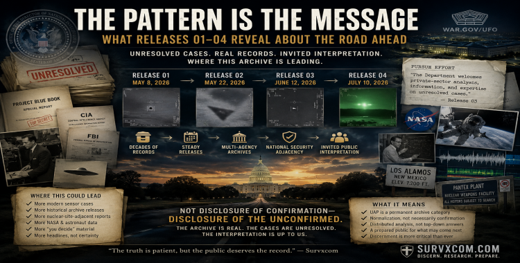 Cinematic investigative graphic for a SURVXCOM article showing UAP Releases 01 through 04 as a timeline of unresolved government records, archival files, radar frames, NASA imagery, Los Alamos, Pantex, and WAR.GOV/UFO.