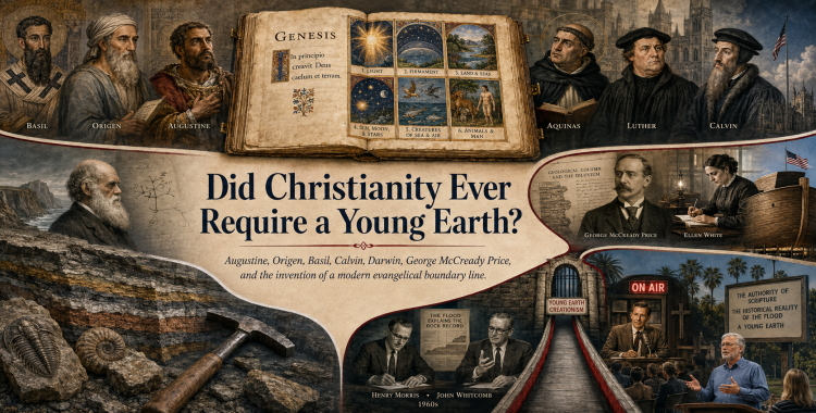 FEATURED IMAGE ALT TEXT Church fathers, geologists and modern creationist leaders arranged across the history of the young-earth debate.