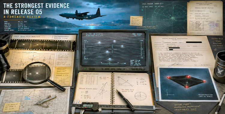 Cinematic SURVXCOM Release 05 montage showing declassified UAP files, an AC-130 over the Gulf of Oman, 1953 film analysis, FBI triangle reports,