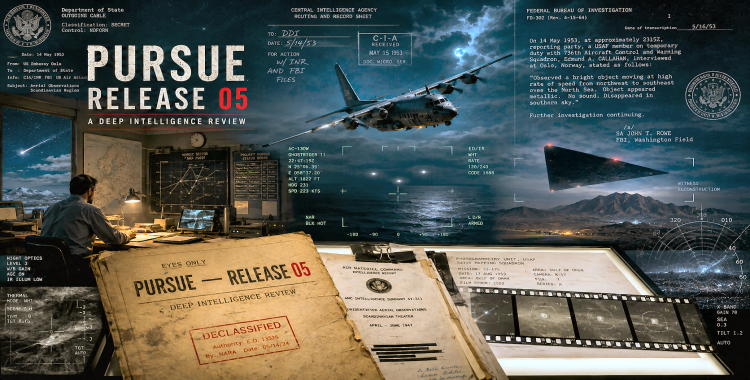 Forensic SURVXCOM graphic showing AC-130 infrared UAP imagery, 1953 photogrammetry film analysis, FBI triangle reports, radar, sensor geometry and analyst evidence notes.