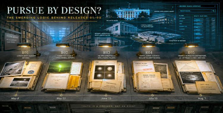 Cinematic investigative graphic showing five PURSUE UAP release stacks connected by a May-to-August 2026 timeline, federal archive records and a searchable government database.