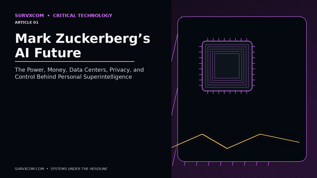 Investigative visualization of the infrastructure, data centers, power systems, privacy questions and model layers behind Mark Zuckerberg’s personal superintelligence vision.