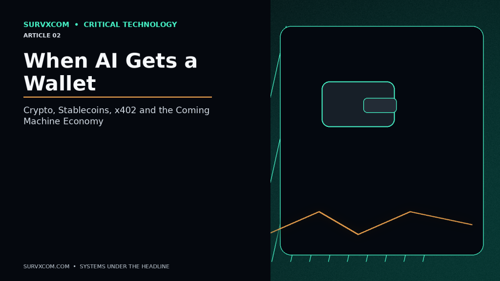 Investigative visualization of AI agents using crypto wallets, stablecoins, x402 payments, decentralized compute and verifiable blockchain infrastructure.