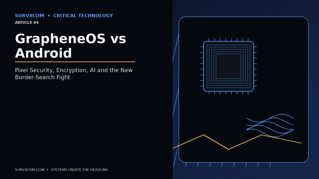 Investigative visualization comparing GrapheneOS and stock Android security on a Google Pixel, including encryption, Titan M2, BFU and AFU states, AI protection and U.S. border phone searches.
