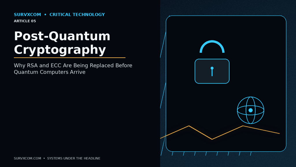 Investigative visualization of the transition from RSA and elliptic-curve cryptography to NIST post-quantum standards including ML-KEM, ML-DSA, hybrid TLS and Harvest Now Decrypt Later risk.