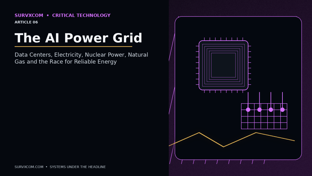 Investigative visualization of Texas AI data centers connected to the ERCOT power grid, with natural gas, nuclear, solar, batteries, transmission, substations and water infrastructure.